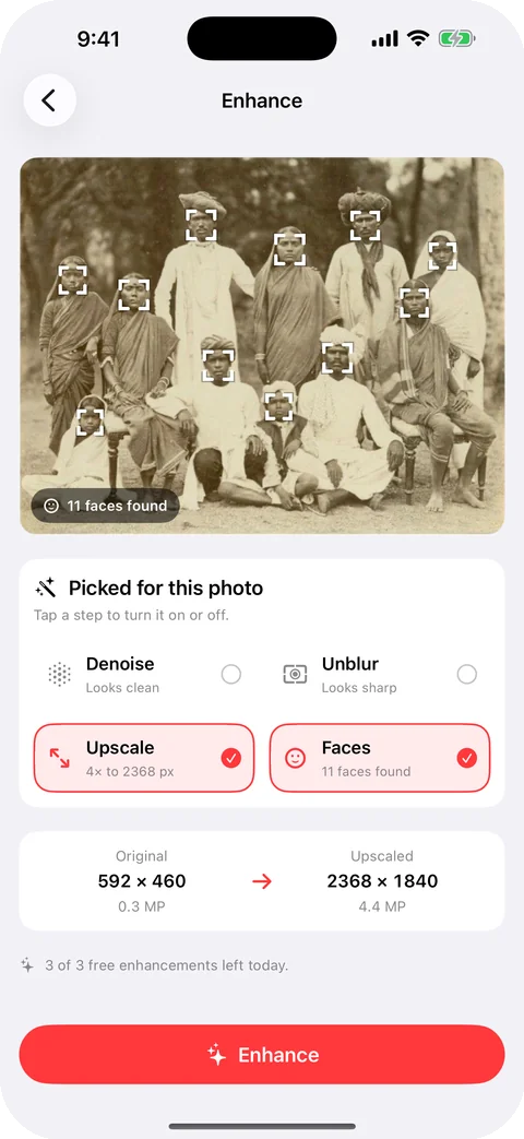 Upscalo finds 11 faces and picks the fixes