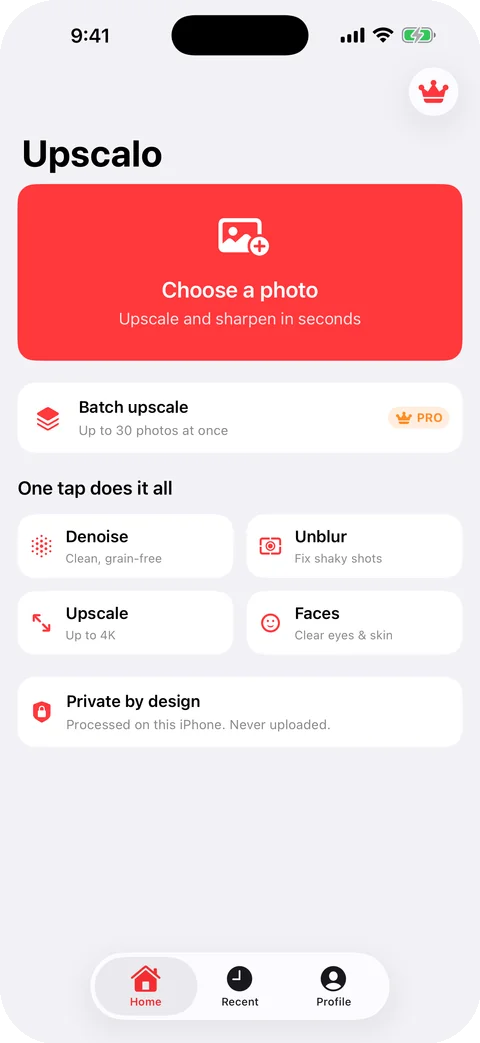 Upscalo home screen with the Choose a photo button